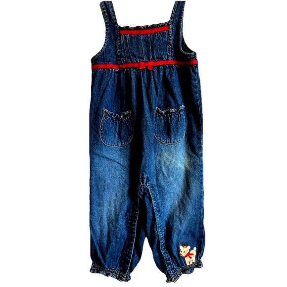 Gymboree Denim Overalls Reindeer Holiday Christmas Girls 18-24M Red Ruffle Trim - Picture 1 of 9